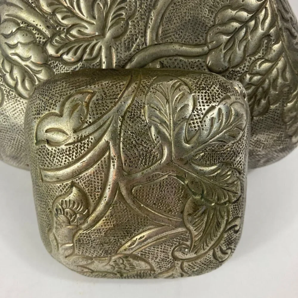 Ornate Indian Handtooled White Brass Flat Top Triangular Pot Lid Made in India 6